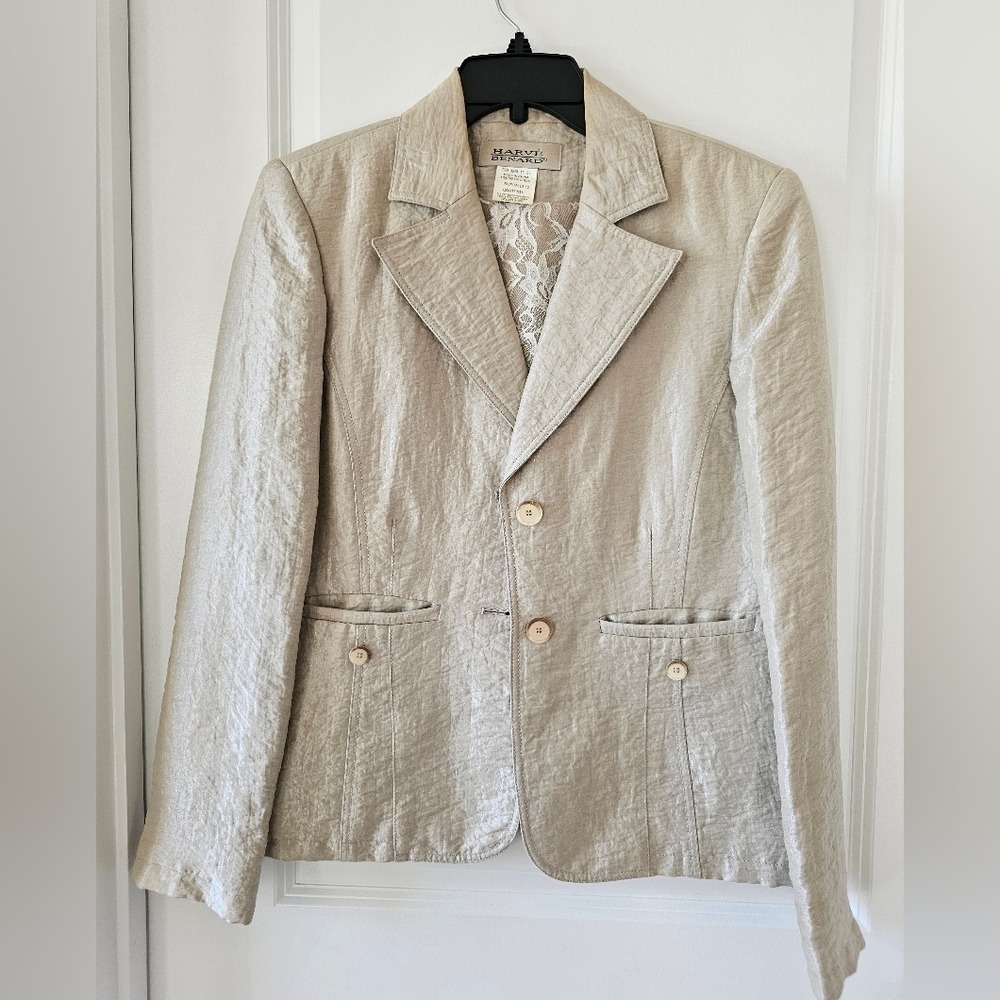 Women's sz 12 HARVE BENARD Beige Textured Lace Trim Blazer Jacket career church